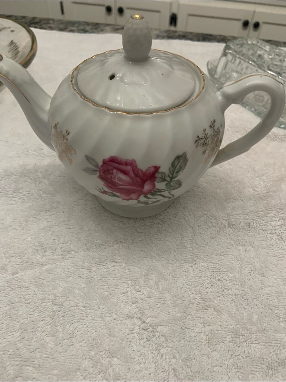 Porcelain Rose-Print Teapot with Gold Trim